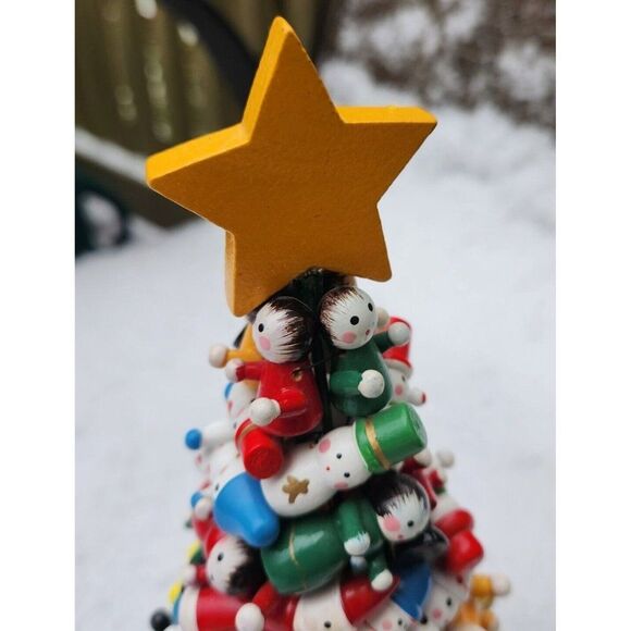 Vintage Wooden Toy Christmas Tree Mini Santa Snowman Drum Bell People Ornaments - Picture 4 of 10